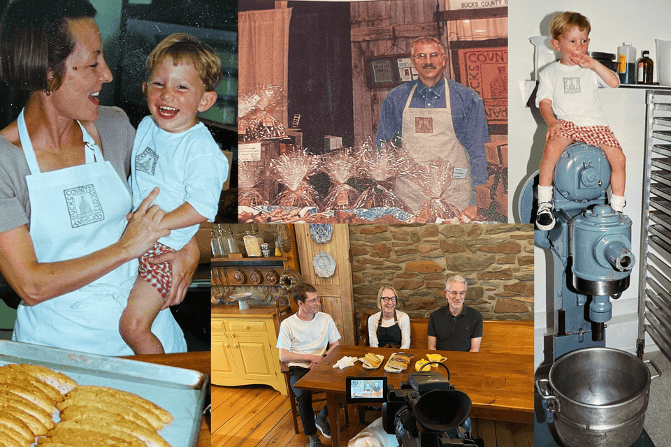 Collage of images of Bucks County Biscotti owners and their son through history of the business