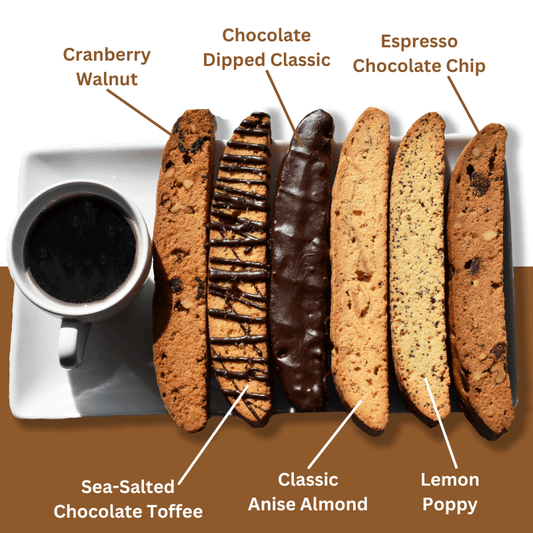 A selection of flavored biscotti cookies displayed next to a cup of coffee, with labels indicating the flavors