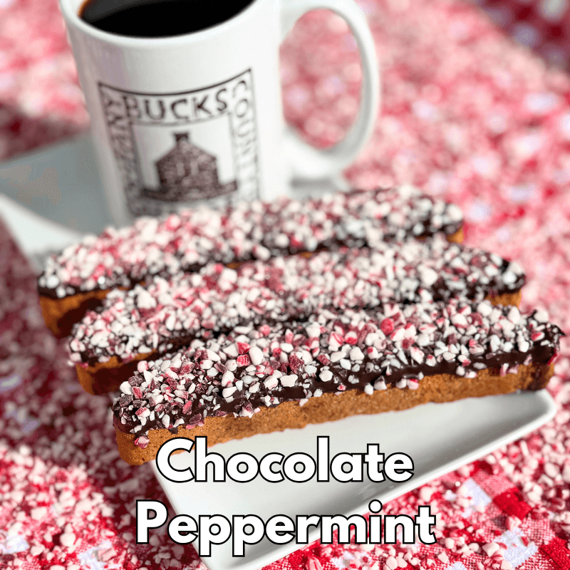 Chocolate Peppermint biscotti on tray with Bucks County Biscotti mug