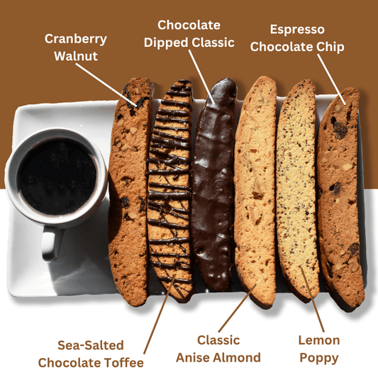 A selection of flavored biscotti cookies from Bucks County Biscotti displayed next to a cup of coffee, with labels indicating the flavors