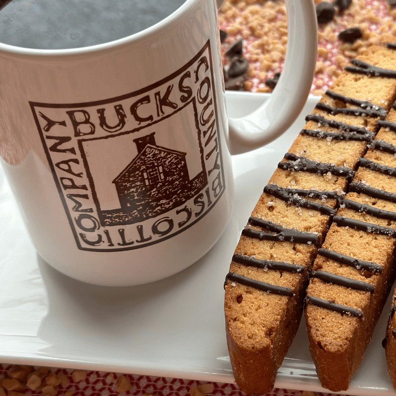 Bucks County Biscotti Mug on Tray with Sea-Salted Chocolate Toffee Biscotti