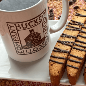 Bucks County Biscotti Mug on Tray with Sea-Salted Chocolate Toffee Biscotti